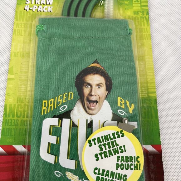 ELF Christmas Reusable Green Stainless Steel Metal Straws w Pouch Cleaning Brush - Picture 4 of 7
